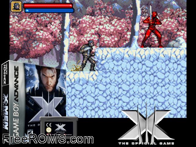 X-Men - The Official Game Gameboy Advance game showing 3D box cover and gameplay screenshot