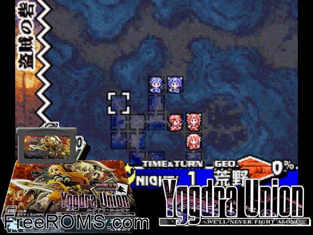 Yggdra Union (Japan) Gameboy Advance game showing 3D box cover and gameplay screenshot