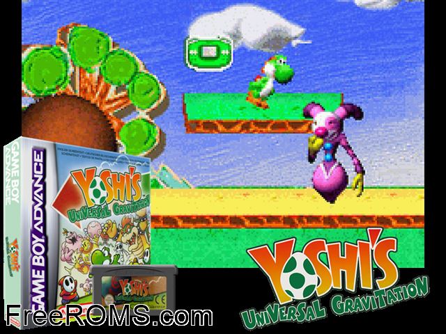 Yoshi's Universal Gravitation Gameboy Advance game showing 3D box cover and gameplay screenshot