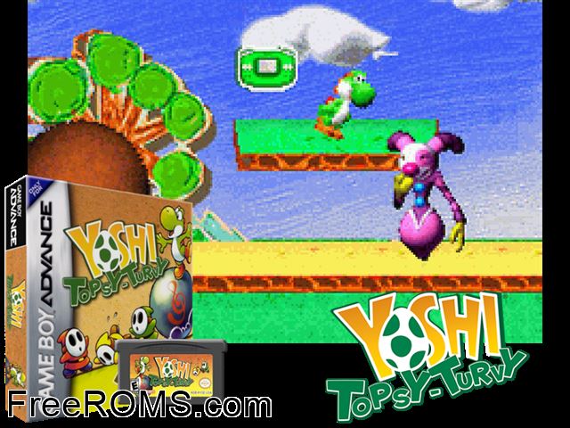 Yoshi Topsy-Turvy Gameboy Advance game showing 3D box cover and gameplay screenshot