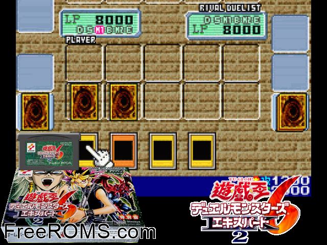Yu-Gi-Oh! Duel Monsters 6 Expert 2 (Japan) Gameboy Advance game showing 3D box cover and gameplay screenshot