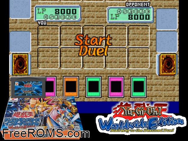 Yu-Gi-Oh! Duel Monsters - International Worldwide Edition (Japan) (V1.1) Gameboy Advance game showing 3D box cover and gameplay screenshot
