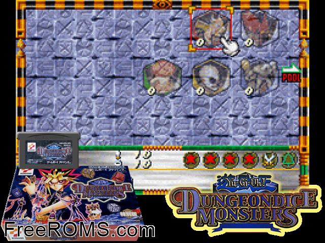 Yu-Gi-Oh! Dungeon Dice Monsters (Japan) Gameboy Advance game showing 3D box cover and gameplay screenshot