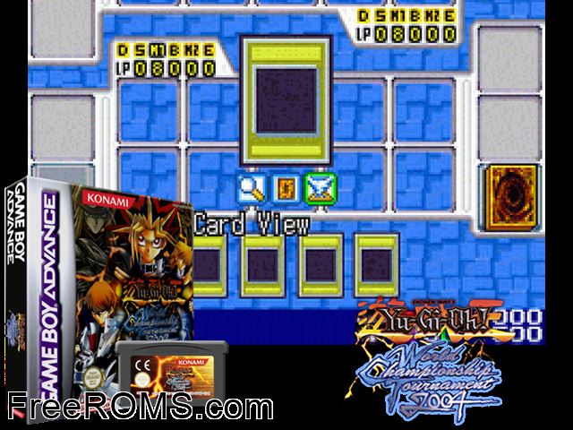 Yu-Gi-Oh! World Championship Tournament 2004 Gameboy Advance game showing 3D box cover and gameplay screenshot