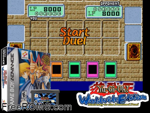 Yu-Gi-Oh! Worldwide Edition - Stairway To The Destined Duel Gameboy Advance game showing 3D box cover and gameplay screenshot
