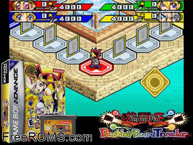 Yu-Gi-Oh! - Destiny Board Traveler Gameboy Advance game showing 3D box cover and gameplay screenshot