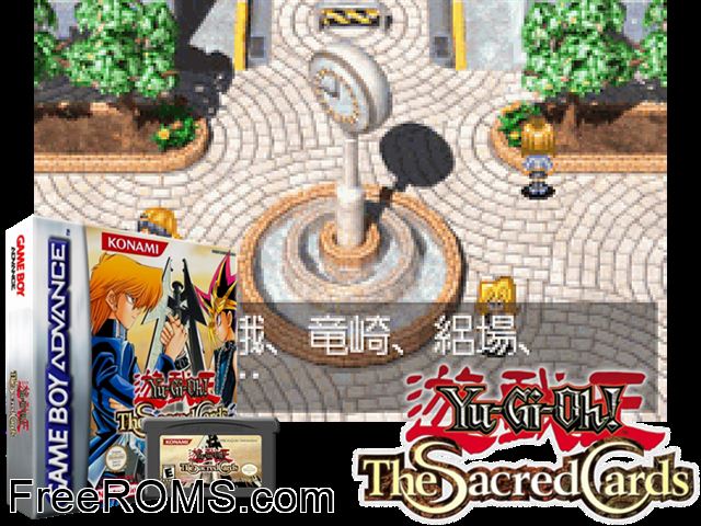Yu-Gi-Oh! - The Sacred Cards Gameboy Advance game showing 3D box cover and gameplay screenshot