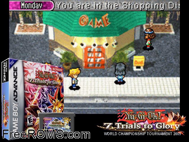 Yu-Gi-Oh! - 7 Trials To Glory - World Championship Tournament 2005 Gameboy Advance game showing 3D box cover and gameplay screenshot