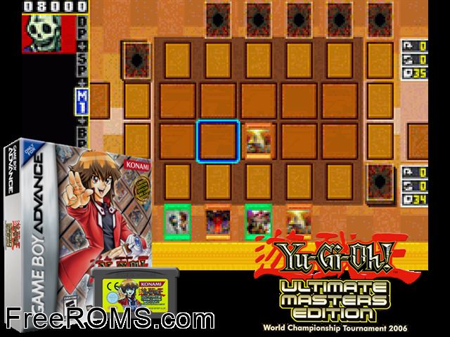 Yu-Gi-Oh! - Ultimate Masters Edition - World Championship Tournament 2006 Gameboy Advance game showing 3D box cover and gameplay screenshot