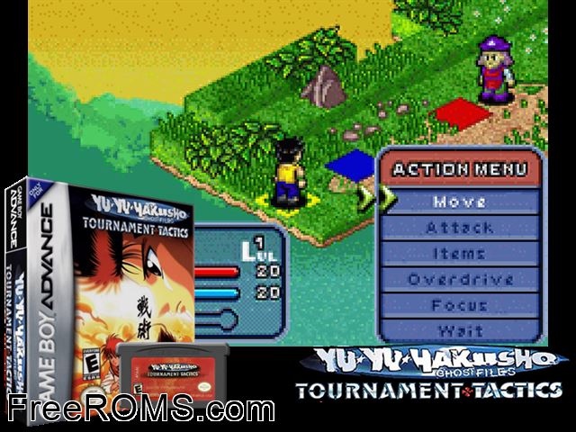 Yu Yu Hakusho - Ghostfiles - Tournament Tactics Gameboy Advance game showing 3D box cover and gameplay screenshot