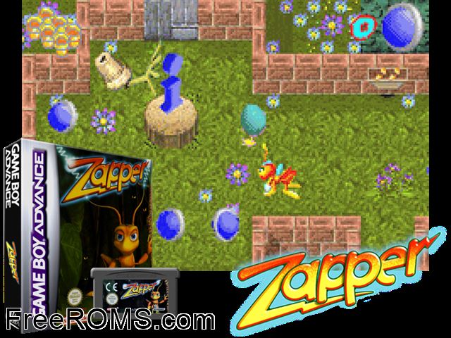 Zapper Gameboy Advance game showing 3D box cover and gameplay screenshot