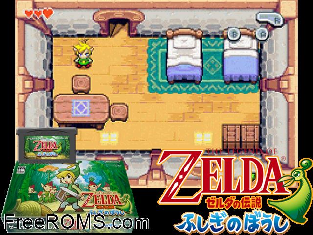 Zelda No Densetsu Fushigi No Boushi (Japan) Gameboy Advance game showing 3D box cover and gameplay screenshot