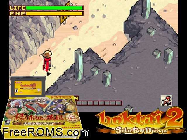 Zoku Bokura No Taiyou - Taiyou Shounen Django (Japan) (V1.0) Gameboy Advance game showing 3D box cover and gameplay screenshot