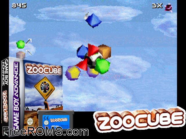 Zoocube Gameboy Advance game showing 3D box cover and gameplay screenshot