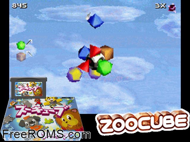 Zoocube (Japan) Gameboy Advance game showing 3D box cover and gameplay screenshot