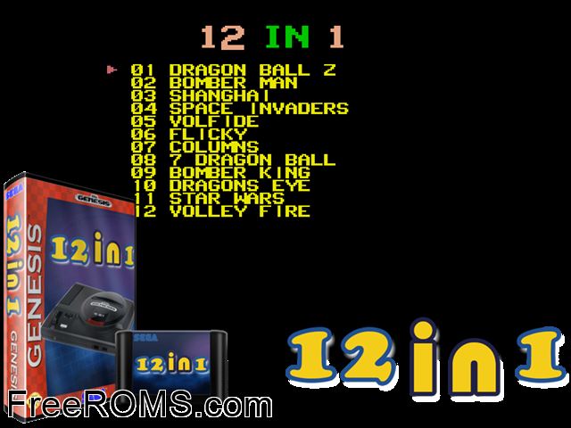 12-in-1 Genesis game showing 3D box cover and gameplay screenshot