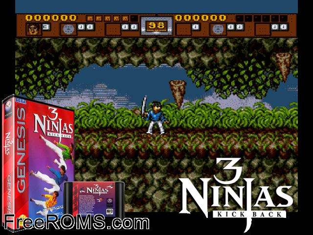 3 Ninja's Kick Back Genesis game showing 3D box cover and gameplay screenshot