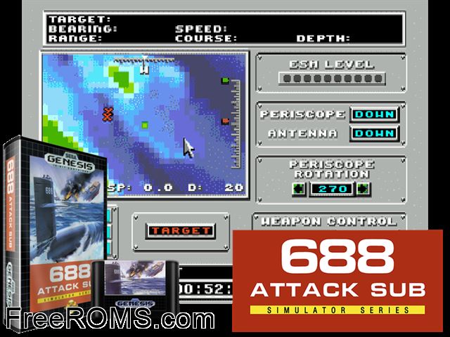 688 Attack Sub Genesis game showing 3D box cover and gameplay screenshot