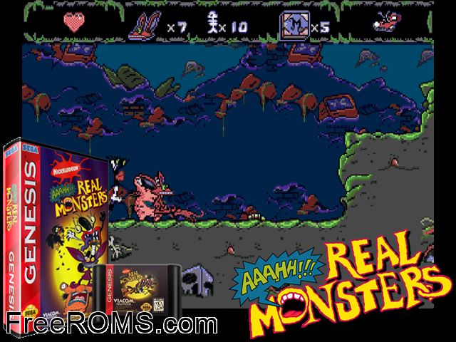 Aaahh!!! Real Monsters Genesis game showing 3D box cover and gameplay screenshot