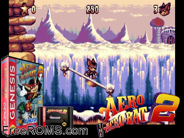Aero the Acro-Bat 2 Genesis game showing 3D box cover and gameplay screenshot