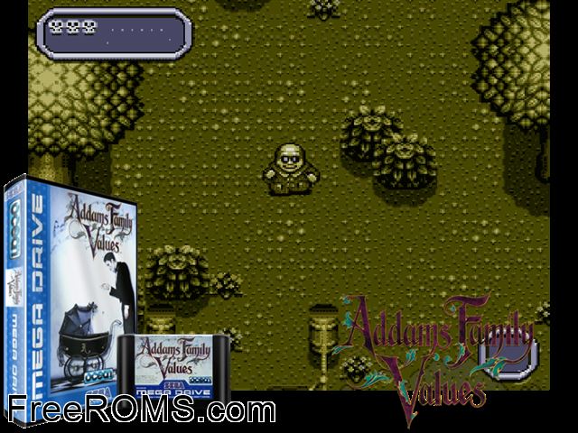 Addams Family Values Genesis game showing 3D box cover and gameplay screenshot