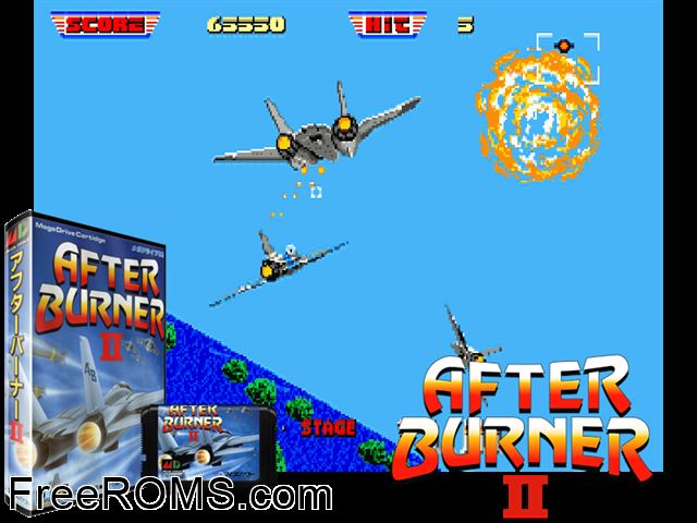 After Burner II (Japan) Genesis game showing 3D box cover and gameplay screenshot