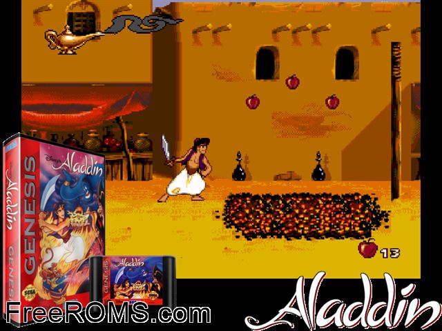 Aladdin Genesis game showing 3D box cover and gameplay screenshot