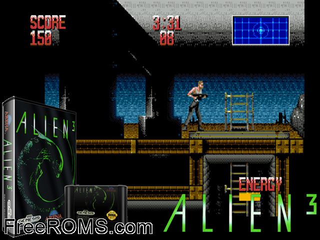 Alien 3 Genesis game showing 3D box cover and gameplay screenshot