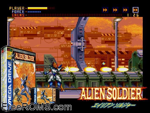 Alien Soldier (Japan) Genesis game showing 3D box cover and gameplay screenshot