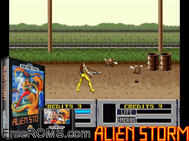 Alien Storm Genesis game showing 3D box cover and gameplay screenshot