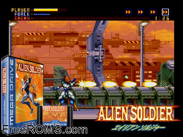 Alien Soldier Genesis game showing 3D box cover and gameplay screenshot