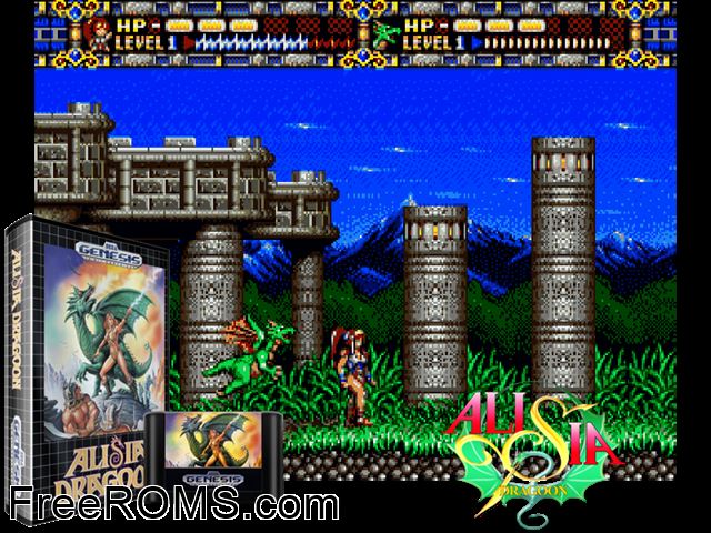 AliSia Dragoon Genesis game showing 3D box cover and gameplay screenshot
