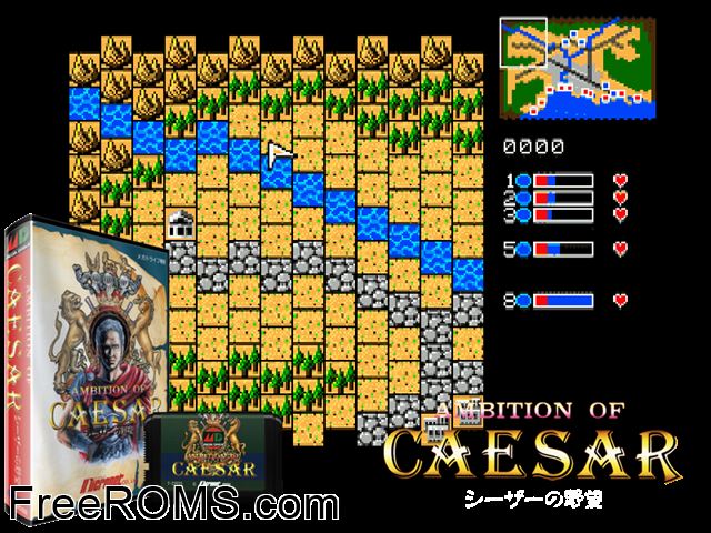 Ambition of Caesar Genesis game showing 3D box cover and gameplay screenshot