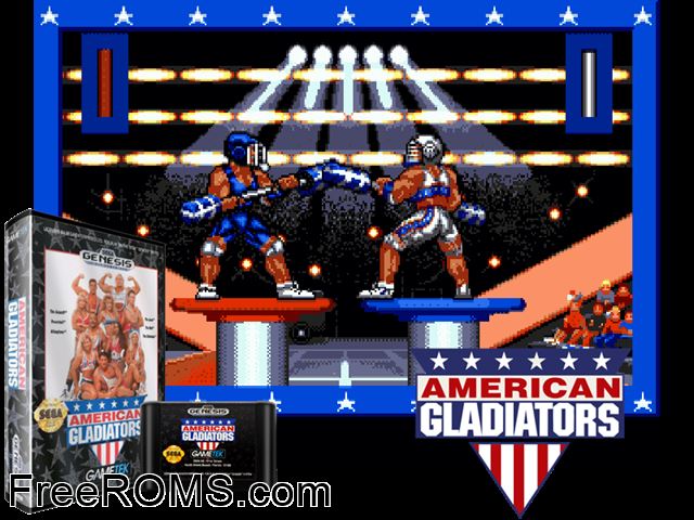 American Gladiators Genesis game showing 3D box cover and gameplay screenshot