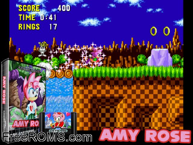 Amy Rose in Sonic 1 by Kilometers Prower (S2 Hack) Genesis game showing 3D box cover and gameplay screenshot
