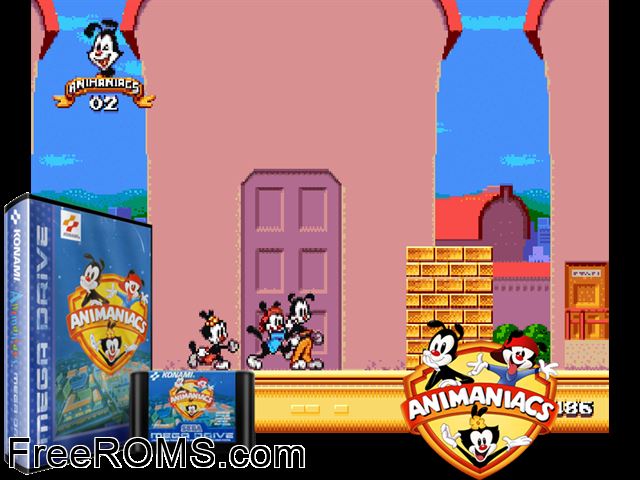 Animaniacs Genesis game showing 3D box cover and gameplay screenshot