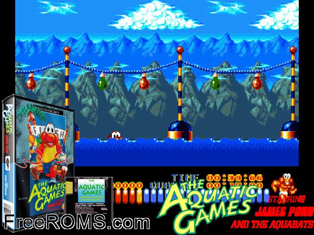 Aquatic Games Genesis game showing 3D box cover and gameplay screenshot