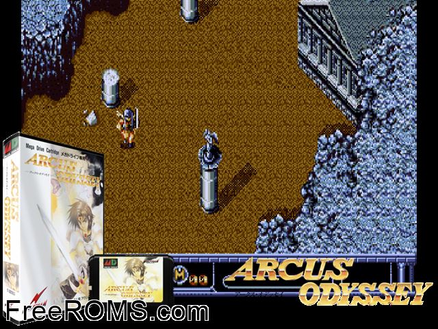 Arcus Odyssey (Japan) Genesis game showing 3D box cover and gameplay screenshot