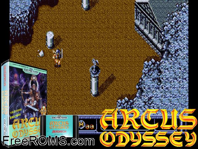Arcus Odyssey Genesis game showing 3D box cover and gameplay screenshot