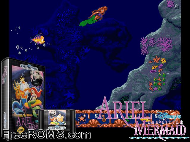 Ariel - The Little Mermaid Genesis game showing 3D box cover and gameplay screenshot
