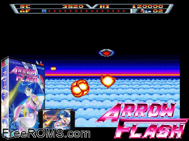 Arrow Flash (Japan) Genesis game showing 3D box cover and gameplay screenshot