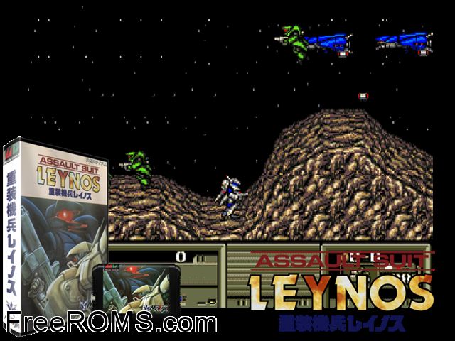 Assault Suits Leynoss Jap Genesis game showing 3D box cover and gameplay screenshot