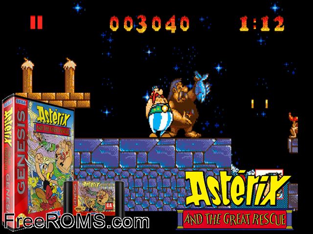 Asterix and the Great Rescue Genesis game showing 3D box cover and gameplay screenshot
