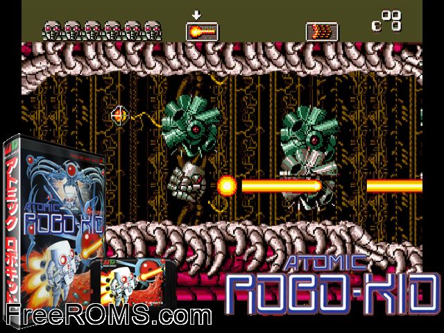 Atomic Robo-Kid (Japan) Genesis game showing 3D box cover and gameplay screenshot