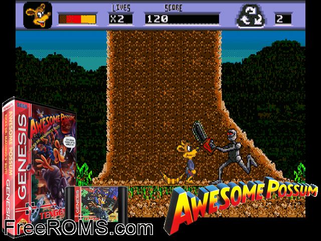 Awesome Possum Genesis game showing 3D box cover and gameplay screenshot