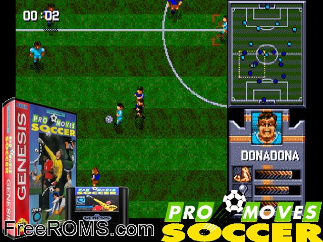 AWS Pro Moves Soccer Genesis game showing 3D box cover and gameplay screenshot