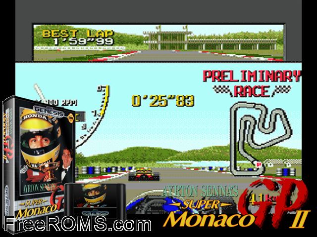 Ayrton Senna's Super Monaco GP II Genesis game showing 3D box cover and gameplay screenshot