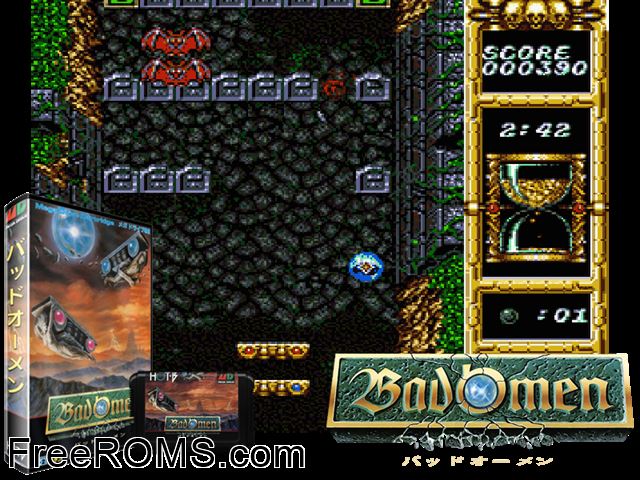 Bad Omen Genesis game showing 3D box cover and gameplay screenshot