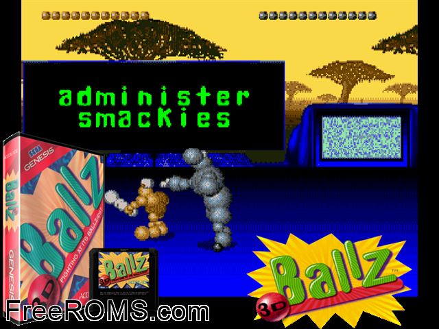 Ballz Genesis game showing 3D box cover and gameplay screenshot