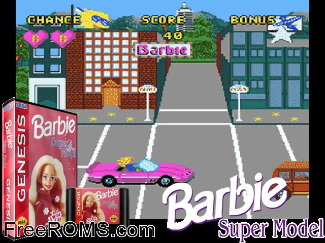 Barbie Super Model Genesis game showing 3D box cover and gameplay screenshot